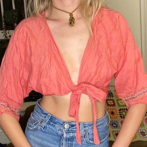 Embroidered coral tie crop top
